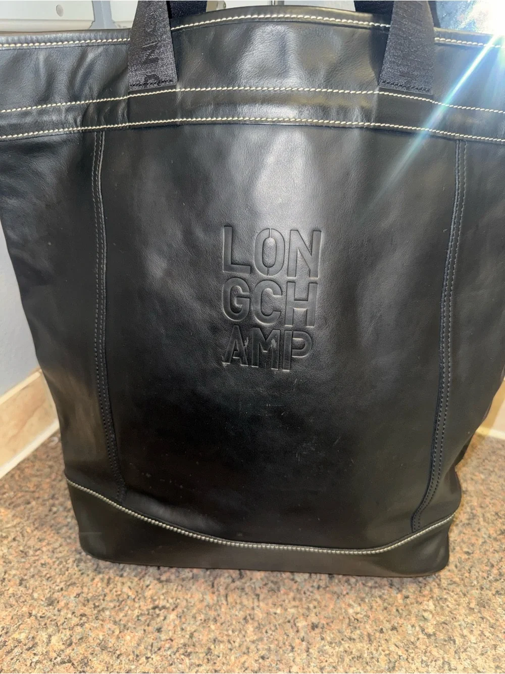 Longchamp Black Leather top handle laptop tote EUC